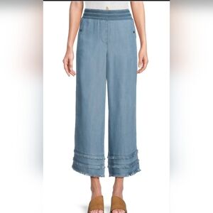 John Mark Frayed Pull On Wide Leg Cropped Pants Chambray Blue SZ M Loose Fit
